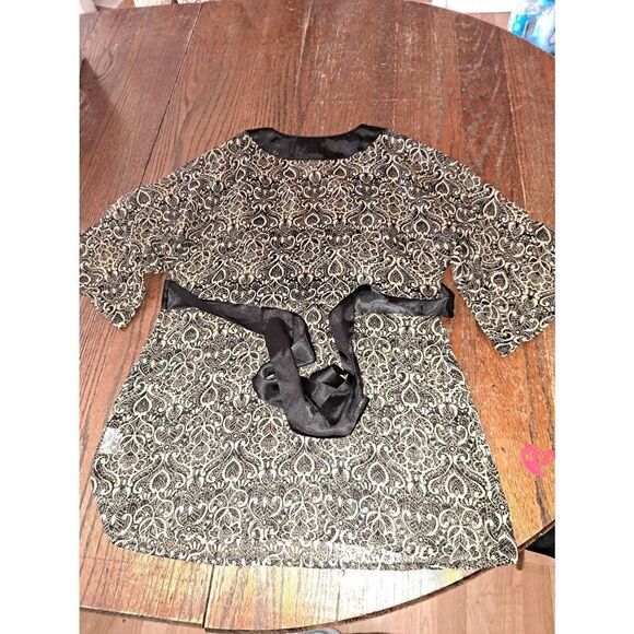 Small Apostrophe Sheer Black Tan Gold Deep VNeck Belted Shirt Top Blouse - Picture 5 of 5